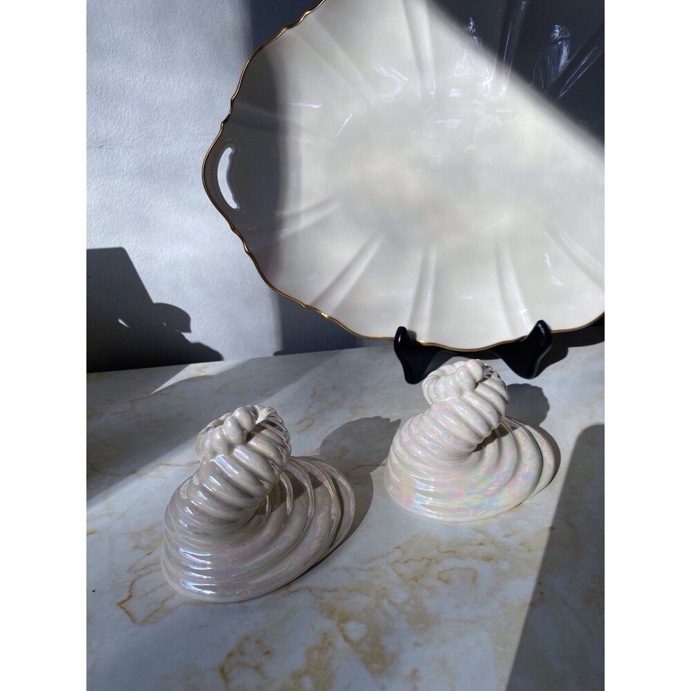 Handmade Etsy ceramic iridescent cream seaside candleholders